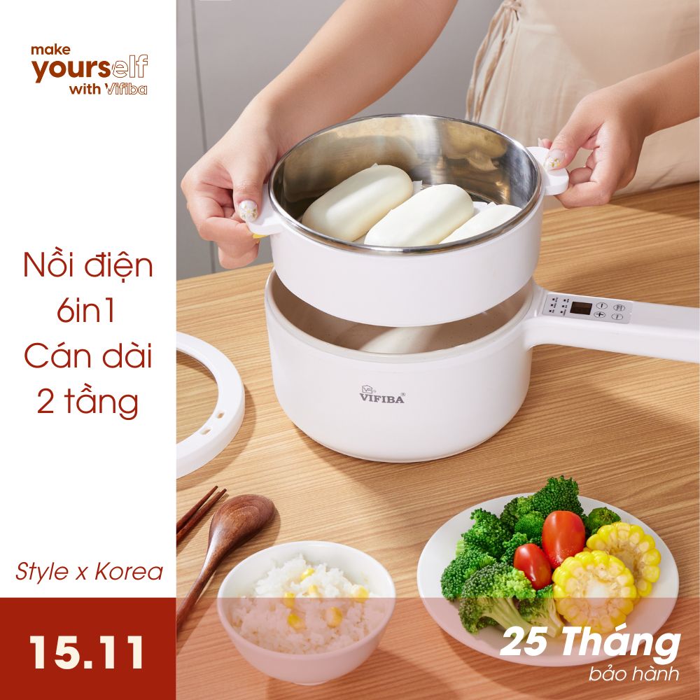 Nồi hấp điện 2 tầng đa năng 6in1 Hàng Chính Hãng VIFIBA 5 cấp độ, chống dính tay cầm dài - Nấu, Chiên, Xào, Hấp, Lẩu , Cháo