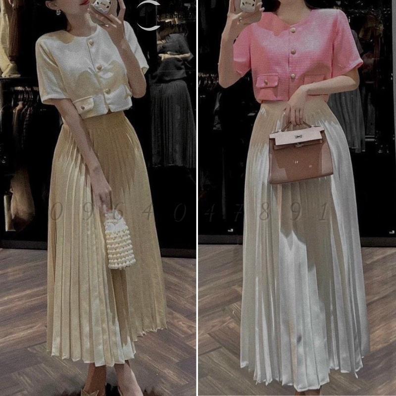 Sét áo croptop nút bọc + Chân váy dài dập ly đi chơi siêu sang trọng CSB103 Thời Trang
