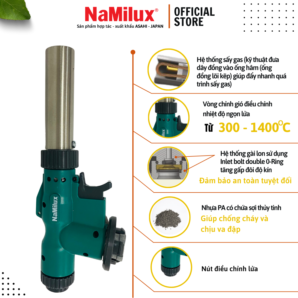 Đèn Khò Gas Cao Cấp NaMilux│Có Nút Vặn Điều Chỉnh Được Nhiệt Độ Và Ngọn Lửa Nơi Đầu Khò│Công Suất 1,850W│Hàng Chính Hãng