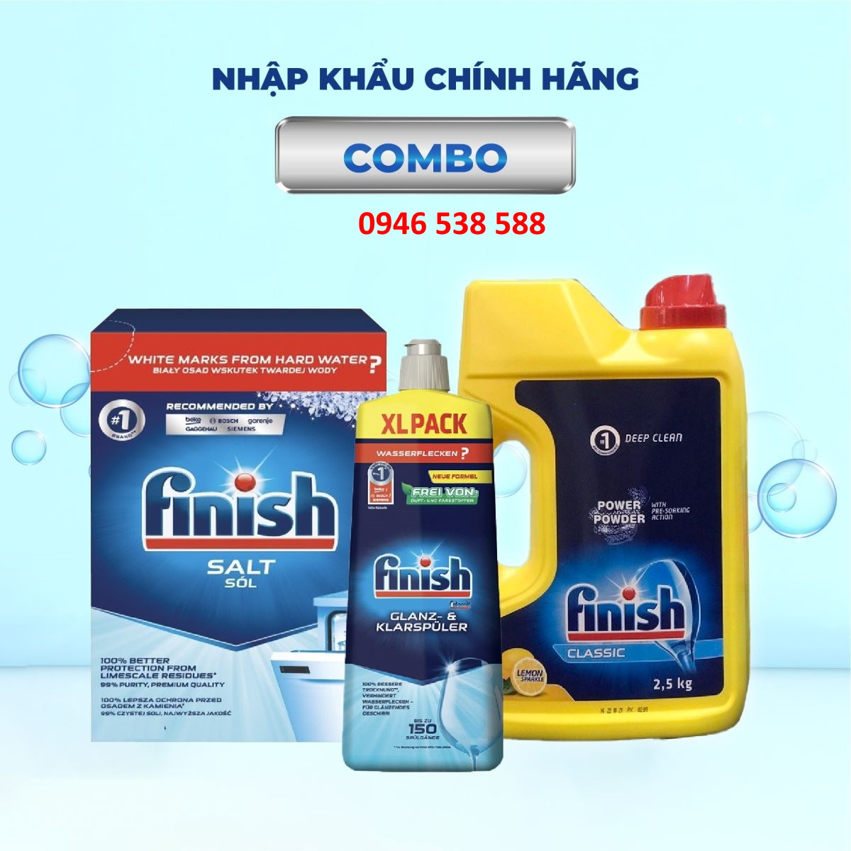 Combo Bột rửa bát Finish Classic 2.5kg + Muối 1.2kg + Nước làm bóng Finish 750ml nhập khẩu từ châu âu dùng cho máy rửa chén bán ly