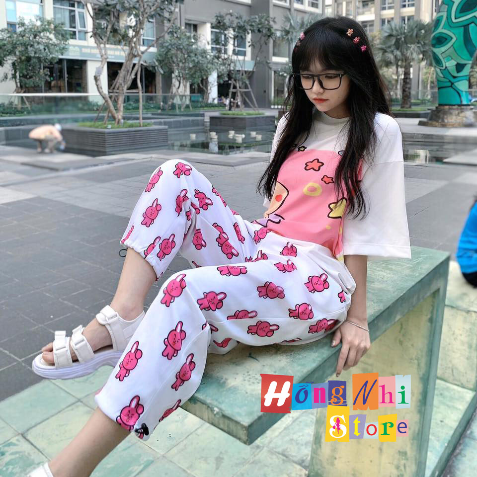 Quần Hoạt Hình Dài Dây Rút Lai Thỏ Hồng Cartoon Pant Oversize Ulzzang Unisex - MM