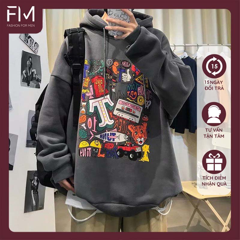 Áo hoodie nam nữ form rộng Unisex một màu in hoạt hình cá tính Hàn Quốc – FORMEN SHOP – FMGV034