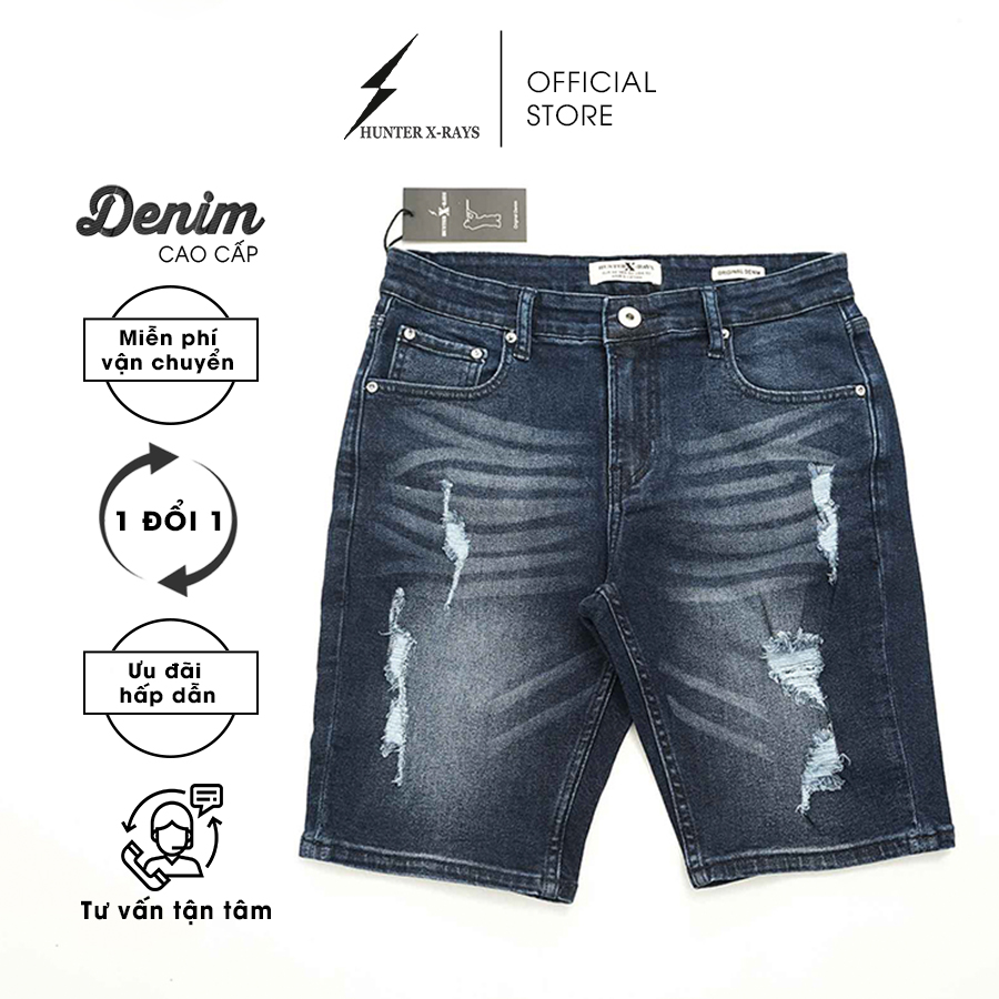 Quần Short Jeans Nam Rách Cao Cấp HUNTER X-RAYS  Form Slimfit Thun Màu Xanh S56