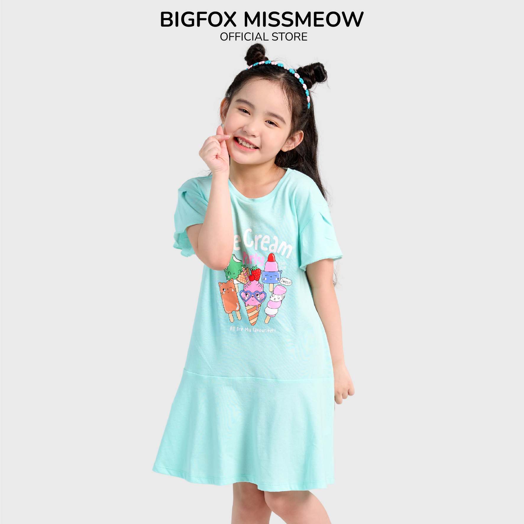 Đầm Hè Cho Bé Gái Miss Meow Tới Size Đại. Váy Cotton Thun Trẻ Em Bèo Gấu In Hình Ice Cream 3-11 Tuổi