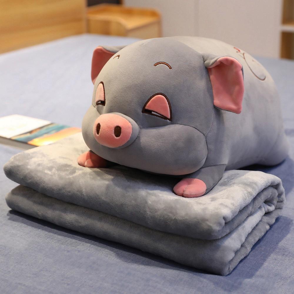 Bộ chăn gối gấu bông heo phê cần, gấu bông kèm chăn 3in1 chất vải miniso