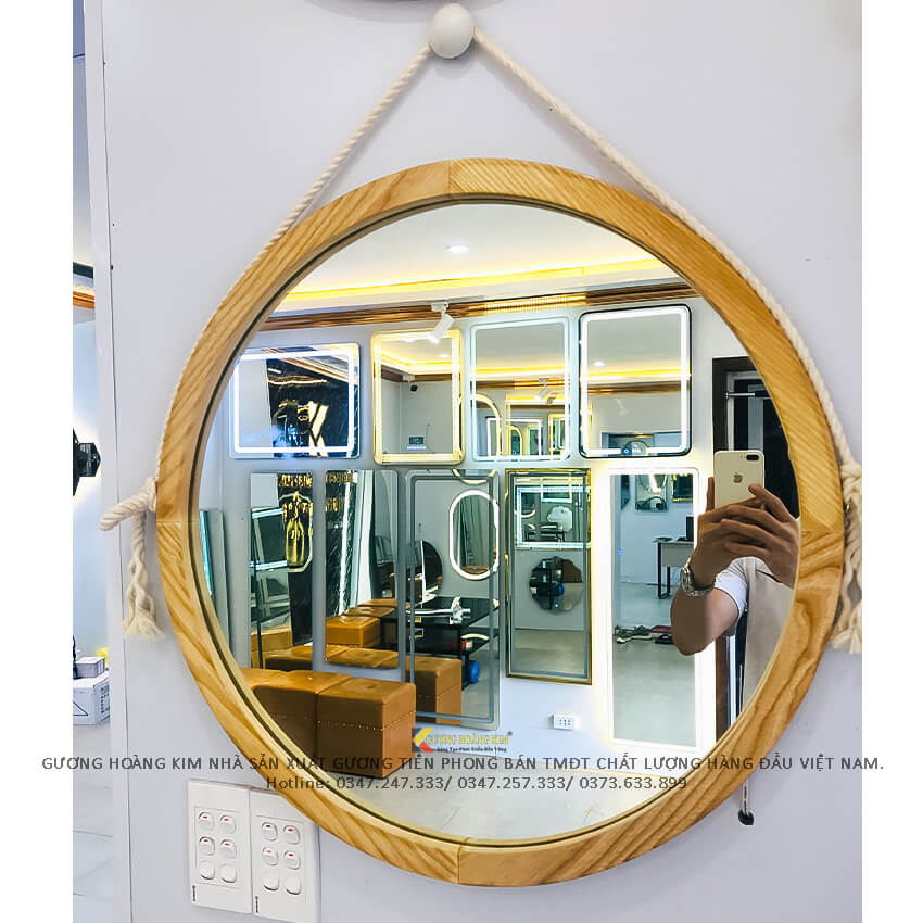 Gương tròn soi khung gỗ treo tường trang điểm viền tròn dây thừng kích thước 50cm và 60cm mirror KG-0005