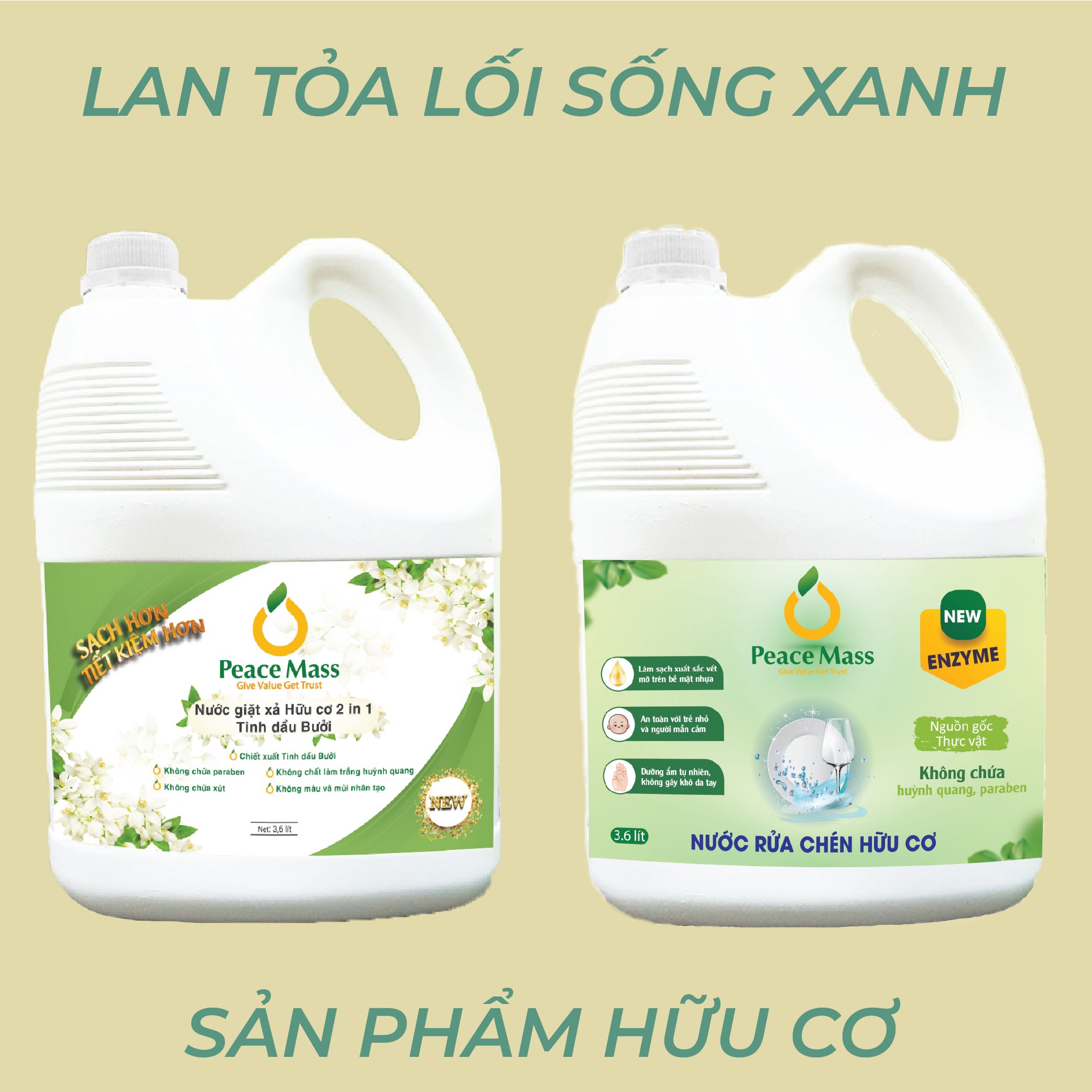 Combo Sản Phẩm Gốc Thực Vật  Peace NGB3 Mass - Nước Giặt Xả 2 in 1 3.6l + Nước Rửa Chén 3.6 lít (Thuộc nhóm Sản phẩm Lành tính / Hữu cơ)