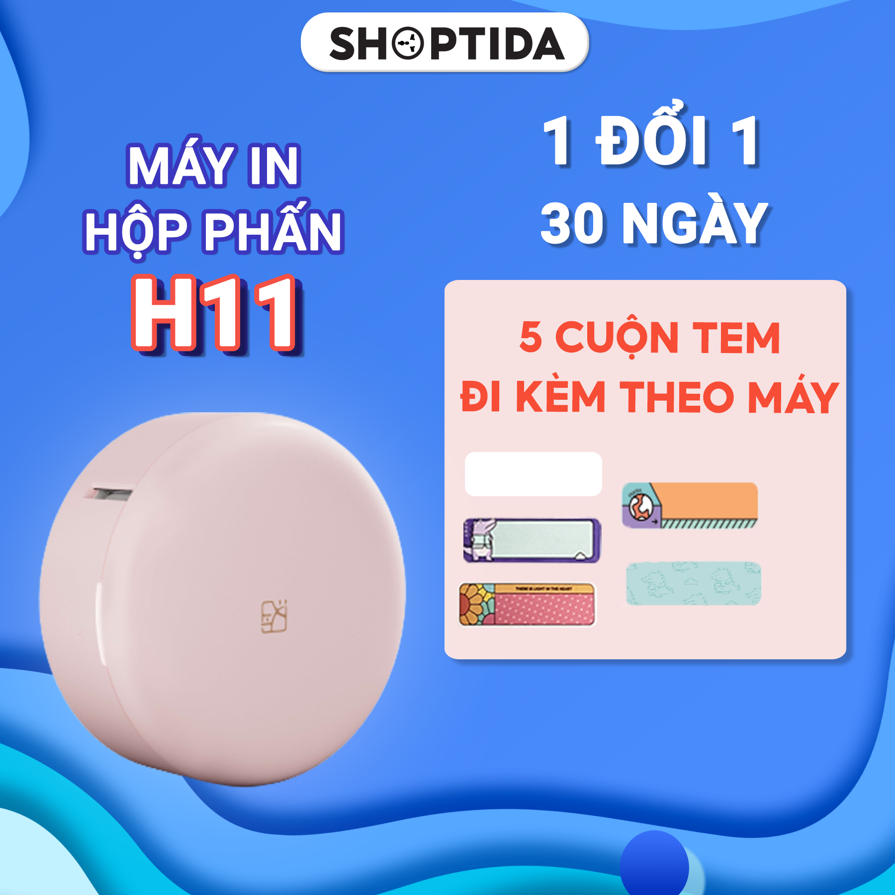 Máy in nhãn nhiệt hộp phấn hồng Shoptida H11 kết nối bluetooth thiết kế nhỏ gọn kèm 5 cuộn tem nhãn- Hàng Chính Hãng