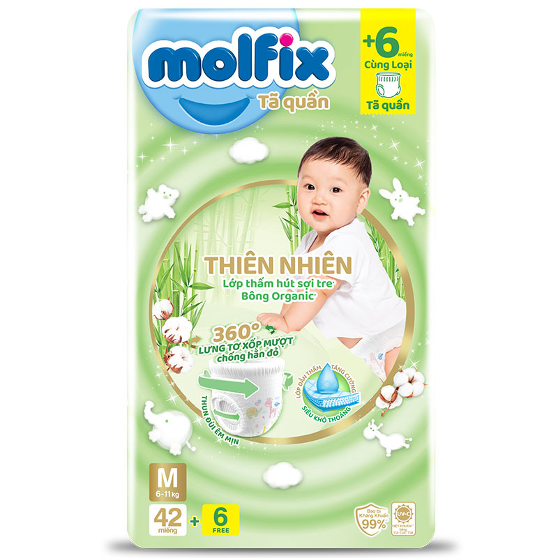 Tã/bỉm quần Molfix Thiên nhiên Ultra M42 (6kg - 11kg) - Gói 42 miếng