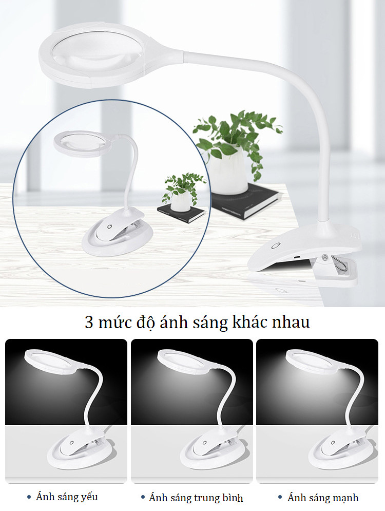 Kính lúp cảm ứng chạm để bàn 15 hạt đèn led siêu sáng tích hợp dạng kẹp đa năng đọc sánh báo cao cấp K3132 - Tặng 2 nút kẹp dây điện giao màu ngẫu nhiên