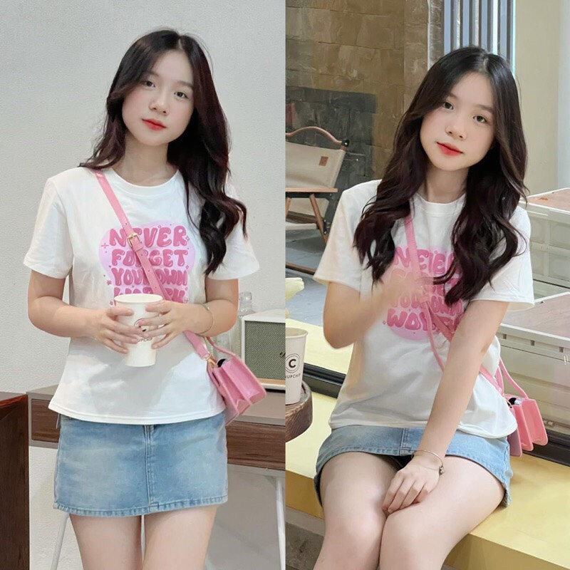 Áo phông cộc tay BaBy Tea chữ hồng thời trang trẻ trung phong cách hàn quốc