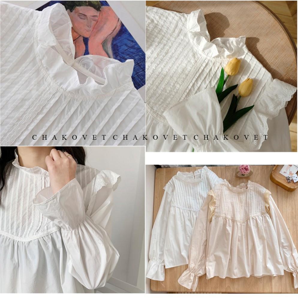 Áo babydoll cánh tiên dài tay, Kiểu áo sơ mi nữ tay bồng xếp ly dọc ngực phối ren