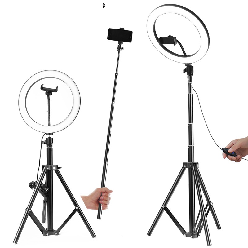 Combo Vòng Đèn Led 3 Chế Độ Sáng Ring Fill Lighting Live Streaming 26cm + Chân Tripod 2m + Đầu kẹp điện thoại