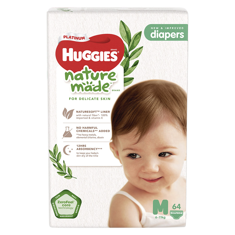 Tã Dán Siêu Cao Cấp Huggies Platinum Naturemade M64 (64 Miếng)