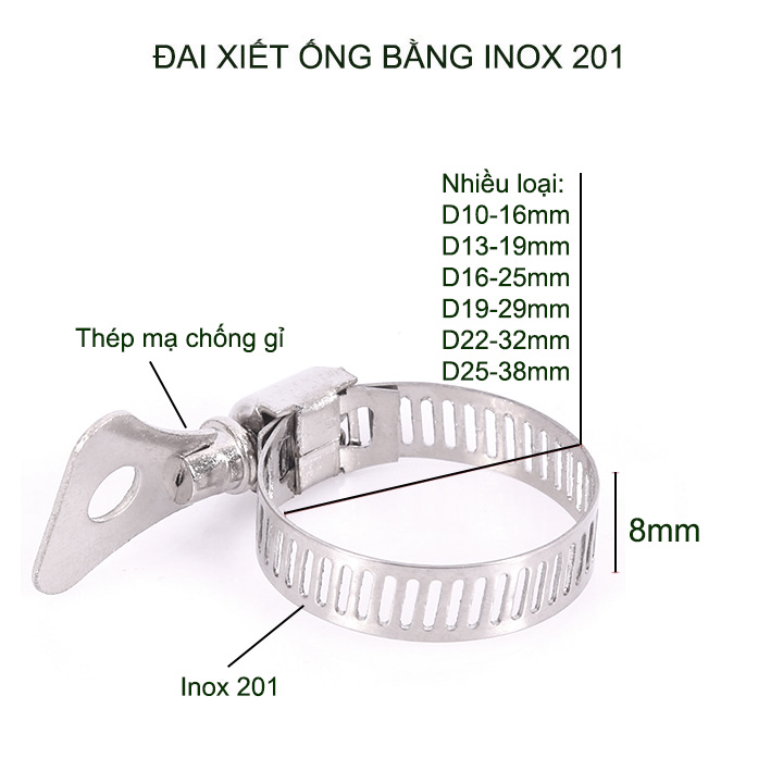 Combo 10 đai xiết ống bằng inox 201, có nhiều kích cỡ cho khách tùy chọn