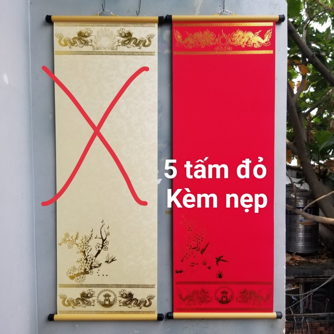 Set 5 tấm Giấy ganh VÀNG, ĐỎ in nhủ kèm nẹp tùy chọn kích thước 27cm x 79cm. Giấy ganh cao cấp.Giấy viết thư pháp trang trí tết