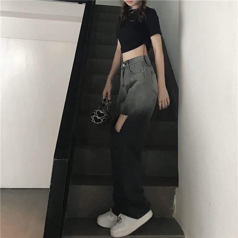 Quần jean Quần bò loang ống rộng BIG SIZE unisex màu đen khói dài ống đứng style Ulzzang dành cho nữ PHULA