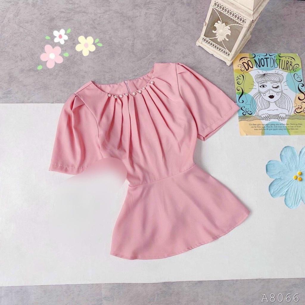 [L2M] Áo sơ mi kiểu nữ peplum CỔ XẾP LY ĐÍNH NGỌC có chun lưng giấu bụng hiệu quả