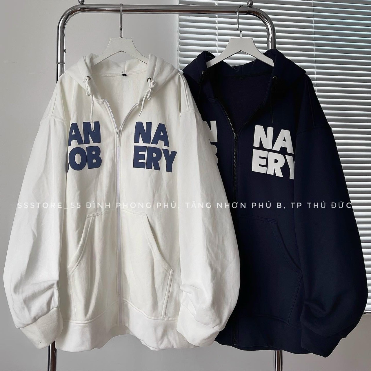 Áo khoác hoodie zip ANNA, Áo khoác nỉ bông dày dặn ANNABOB màu xanh đen form rộng unisex nam nữ