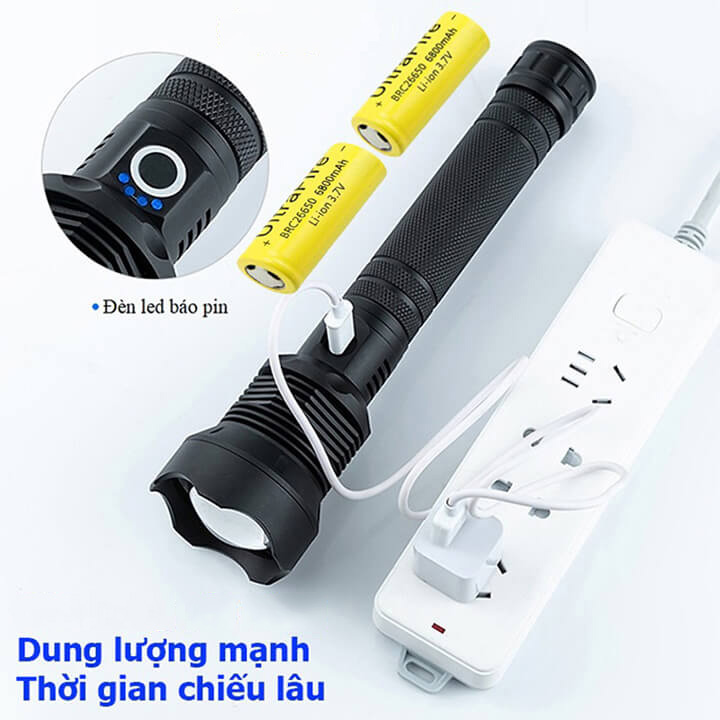 Đèn pin cầm tay siêu sáng XHP70 chiếu xa 500M, đèn pin Led có Zoom xa gần pin trâu, chống thấm nước