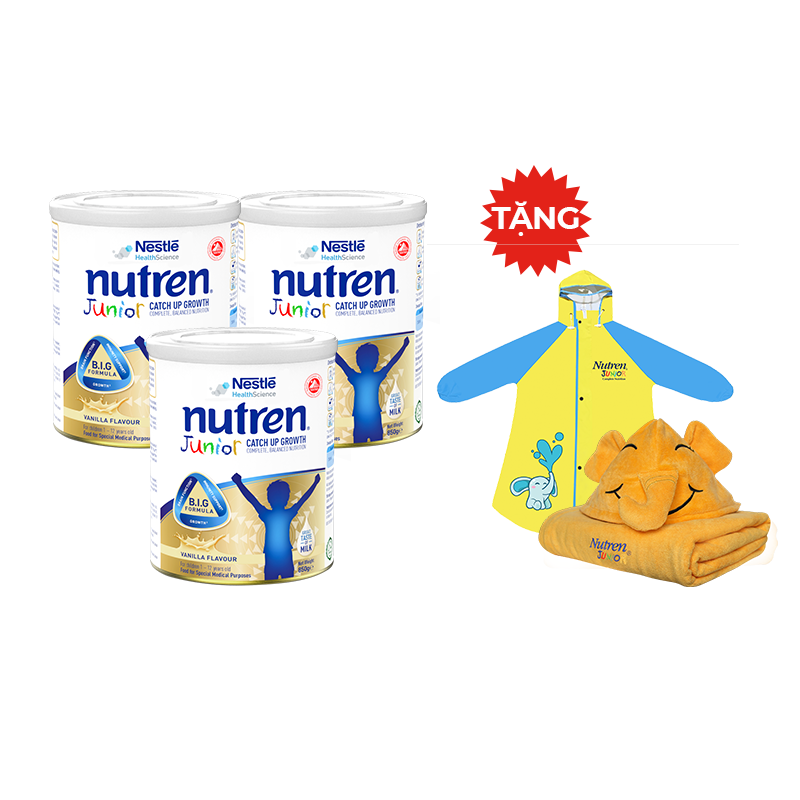 Combo 3 lon sản phẩm dinh dưỡng y học Nutren Junior cho trẻ từ 1-12 tuổi 850g tăng trưởng 3 chuẩn: Thế chất, Đề kháng, Tư duy - Tặng áo mưa và khăn choàng tắm