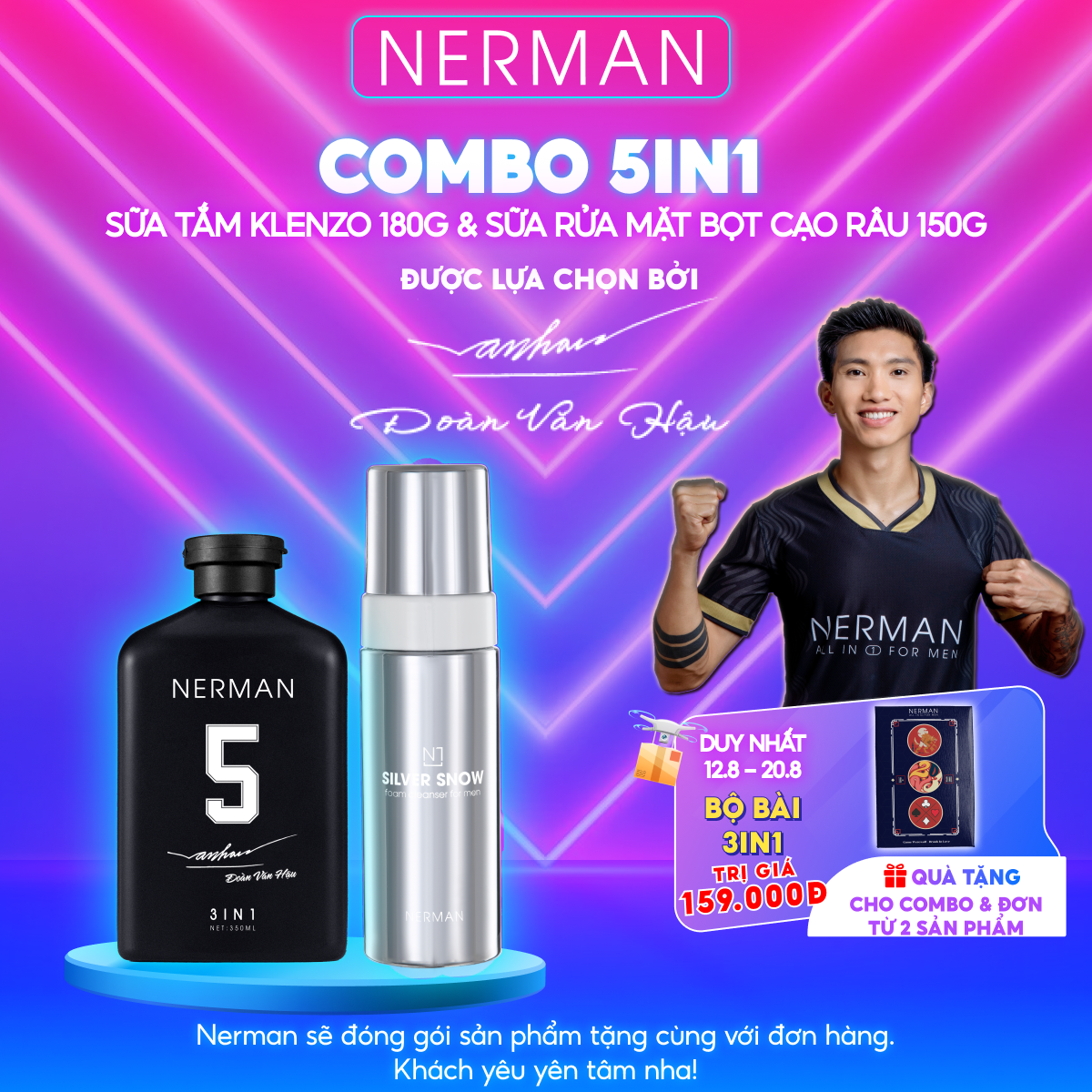 Combo 5 in 1 Nerman-Sữa tắm gội hương nước hoa cao cấp 3in1 180g&Sữa rửa mặt tạo bọt cạo râu 2in1 Nano bạc Silver Snow 150g [