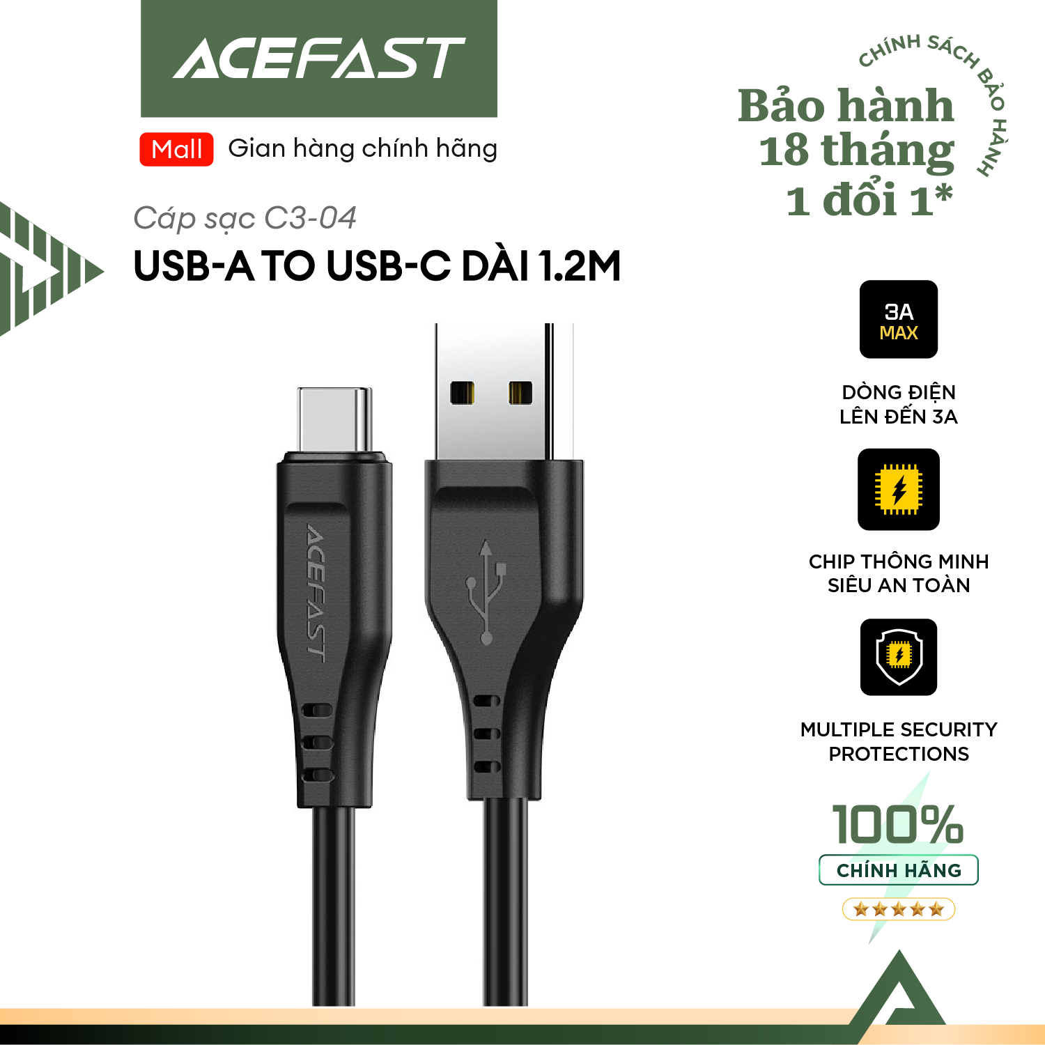 Cáp Acefast USB-A to Type C (1.2m) - C3-04 Hàng chính hãng Acefast