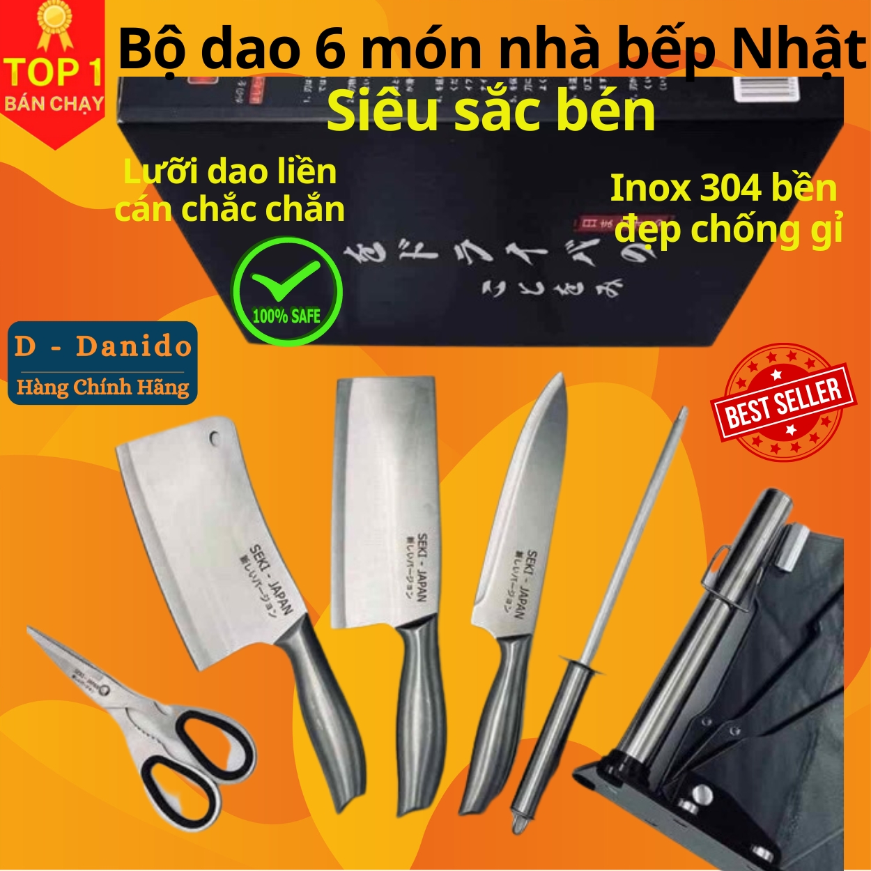 Bộ dao kéo Nhật inox 6 món đúc nguyên khối cao cấp sử dụng cho nhà bếp, kháng khuẩn tốt - tặng kèm bộ để dao thớt Chính hãng D Danido