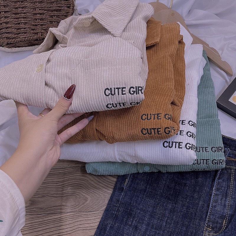 Áo Sơ Mi NHUNG GÂN TĂM THÊU CUTE GIRLS Form rộng Unisex Nam/Nữ Phong Cách Hàn Quốc Ulzzang