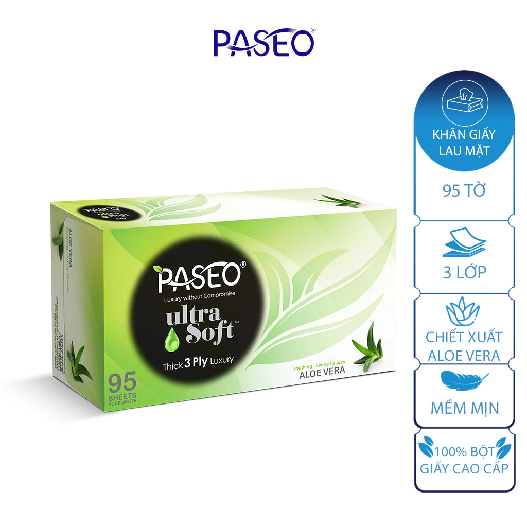 Combo 4 hộp khăn giấy Paseo chiết xuất Aloe Vera 95 tờ 3 lớp, mềm mịn như nhung, PEFC cert.