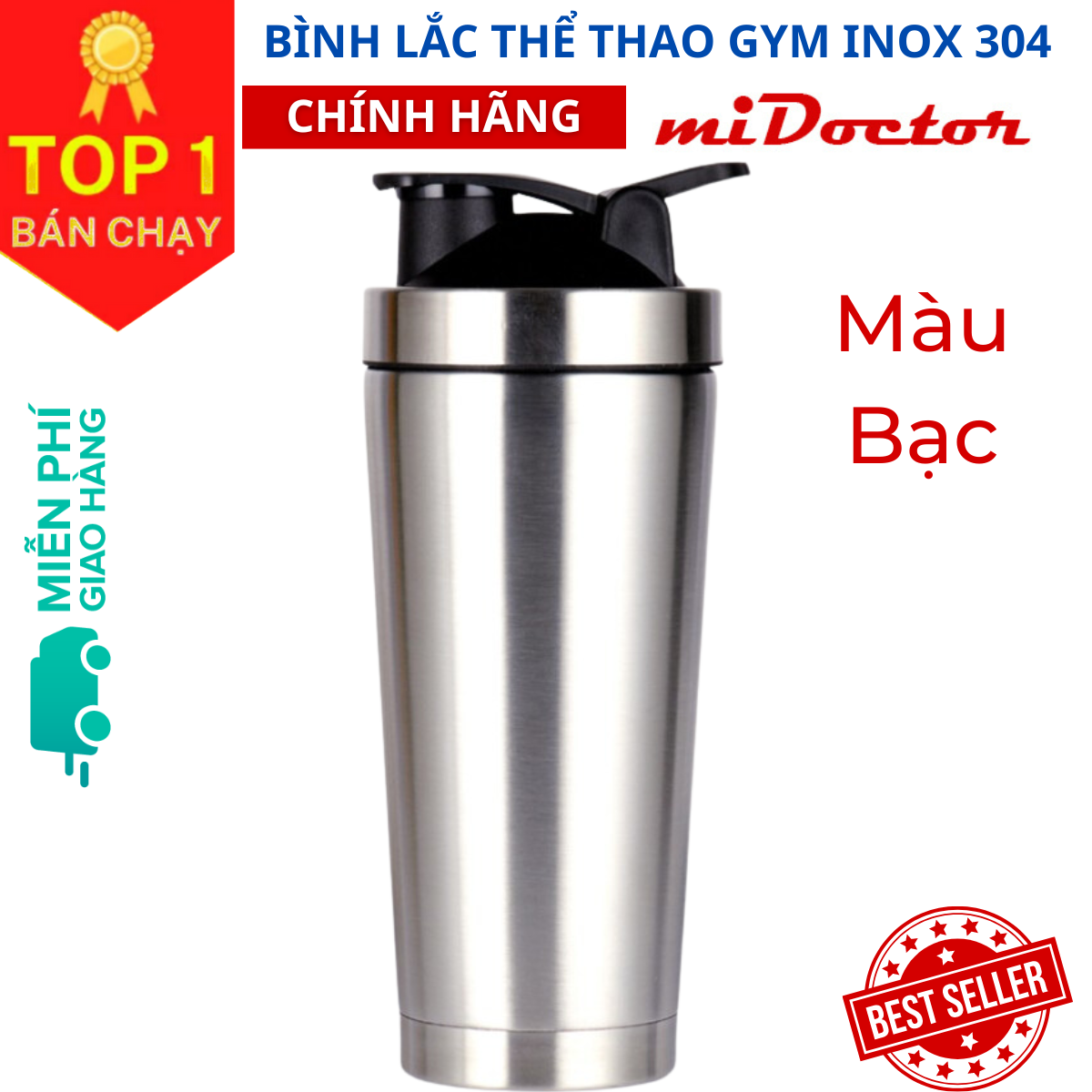 Hình ảnh Bình lắc inox shaker tập gym, tập thể thao, có giữ nhiệt và quai xách – Kèm Bóng Lò Xo Lắc - Chính hãng miDoctor