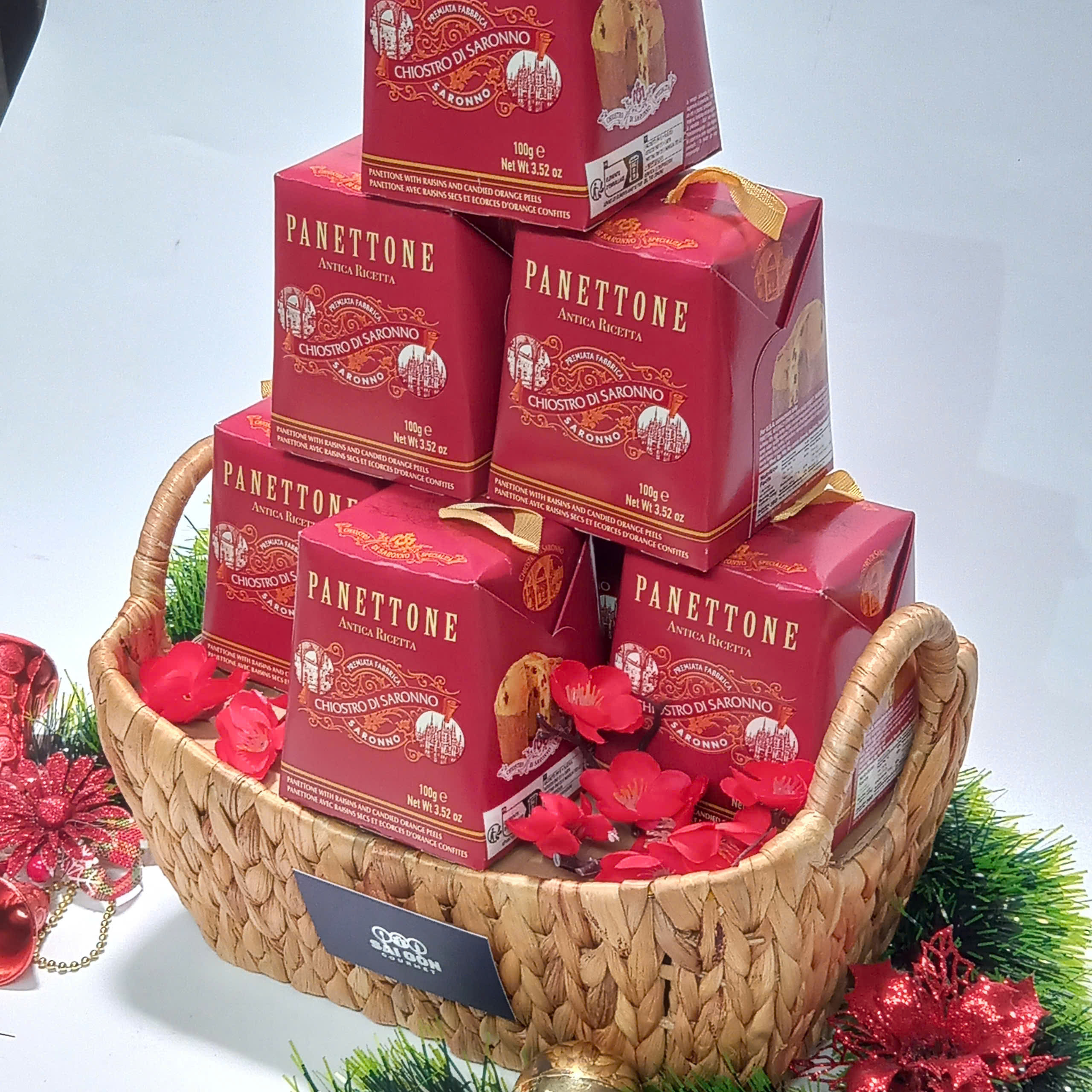 GIỎ QUÀ TẶNG GIÁNG SINH BÁNH PANETTONE CHIOSTRO DI SARONNO, BÁNH GIÁNG SINH PANETTONE CHIOSTRO DI SARONNO (SET 7 hộp bánh 100g)