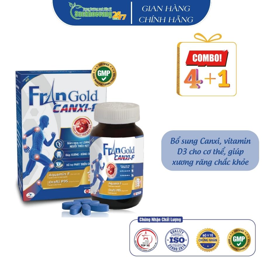 Viên uống USADENALI FranGold Canxi F hỗ trợ bổ sung Canxi cho cơ thể, giúp xương răng chắc khỏe. - Hộp 60 viên