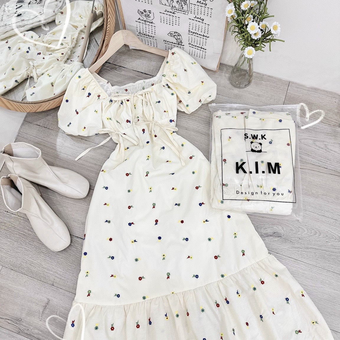 ĐẦM SUÔNG DÀI CỔ U HOA FLORAL TAY NGẮN BỒNG VÁY XẾP LY NHẸ ĐI BIỂN DẠO PHỐ DỰ TIỆC