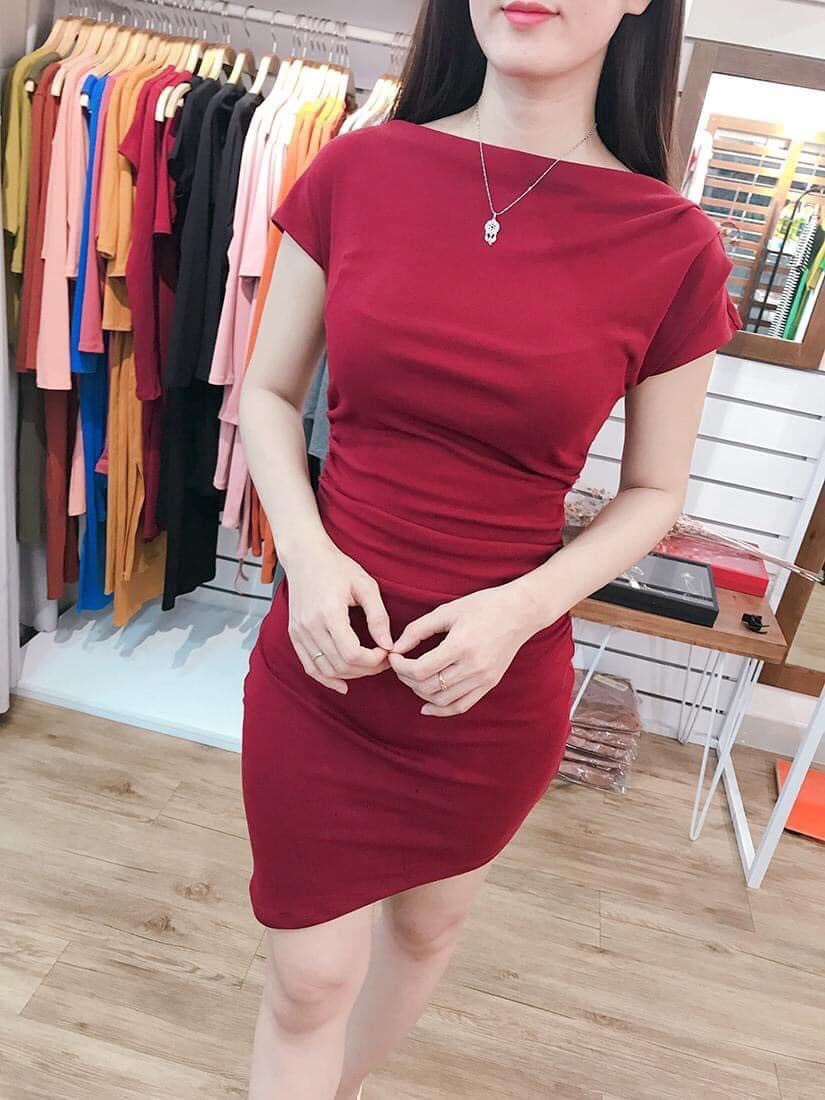 F567 Đầm ôm body trễ 1 bên vai, vạt xéo, nhúng eo