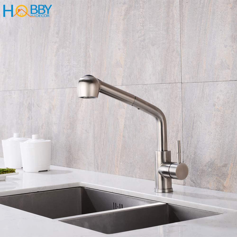 Vòi rửa chén nóng lạnh dây rút HOBBY VDR2 Inox 304 - 2 chế độ phun - đầu vòi kéo dài tiện lợi  - kèm 2 dây cấp nóng lạnh 60cm