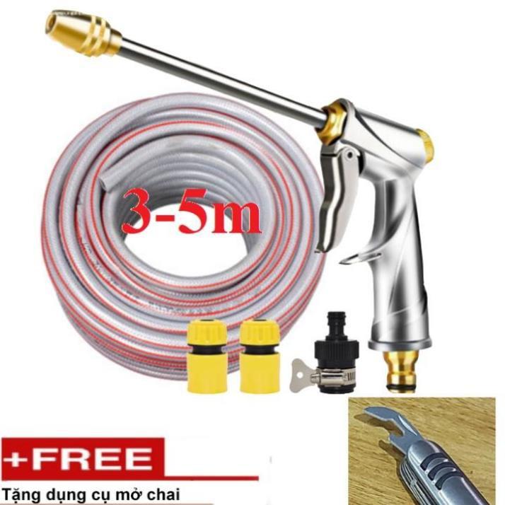 ️ Bộ dây vòi xịt nước rửa xe,tưới cây .tăng áp 3 lần,loại 3m,5m 206701-2 đầu đồng,cút,nối nhựa đen+ tặng mở chai