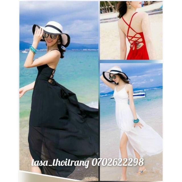 TBO-Ảnh thật Đầm xòe maxi xẻ tà đi biển cực xinh 2 dây đan chéo khoe lưng trần gợi cảm, hở lưng đỏ đen trắng