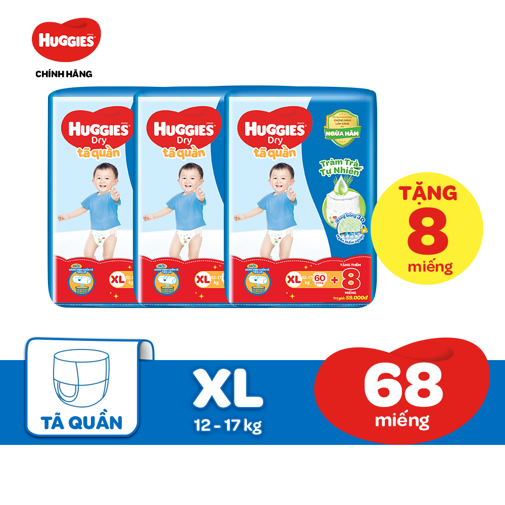 Combo 3 gói Tã Quần Huggies Dry Tràm Trà Tự Nhiên Gói Cực Đại XL60 (60 miếng) + Tặng 8 miếng