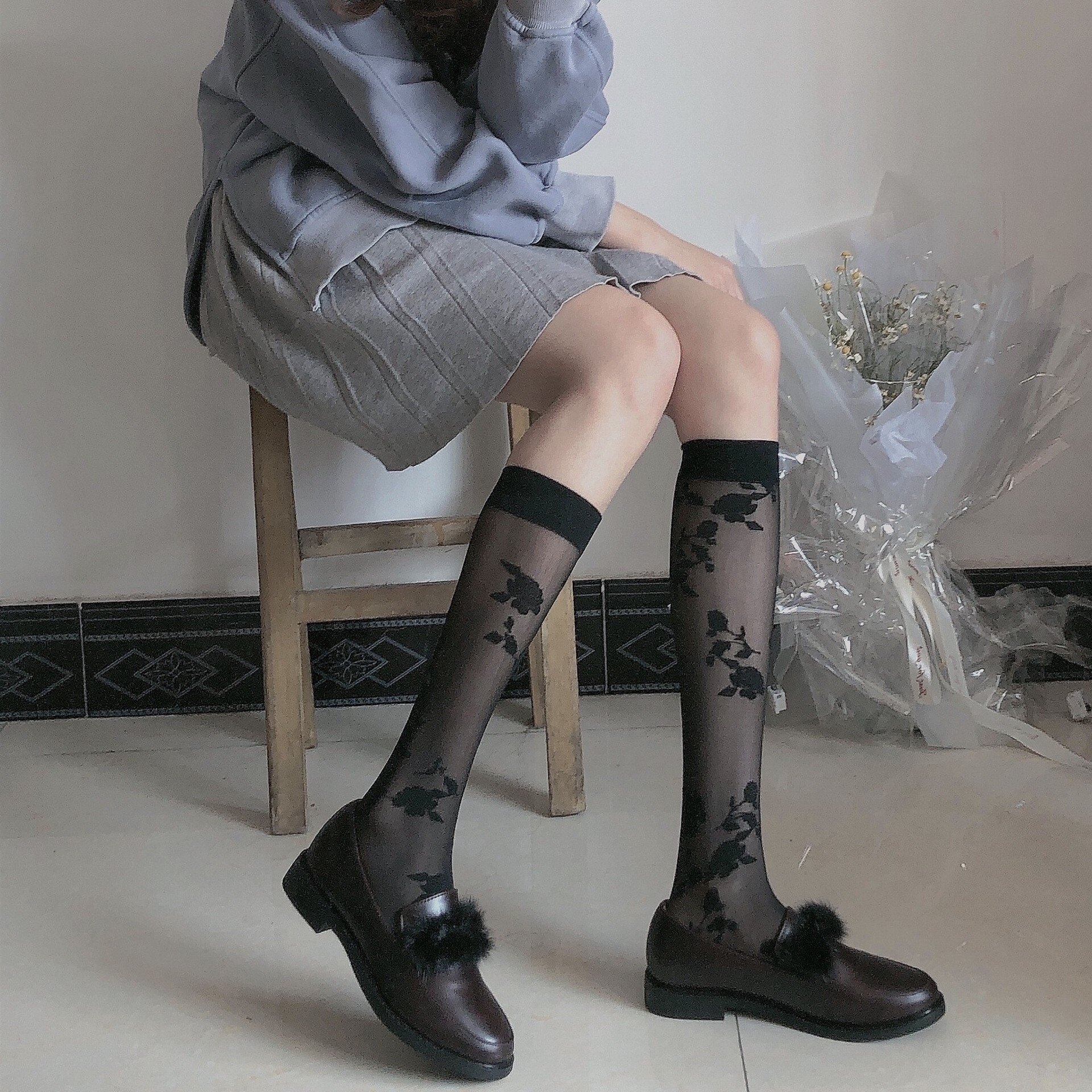 Tất, vớ bắp chân, tất đùi mỏng thêu hoa hồng phong cách Lolita Nhật Bản cosplay Gợi Cảm cho nữ