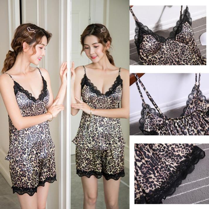 Đồ bộ ngủ hai dây họa tiết da beo phối ren
