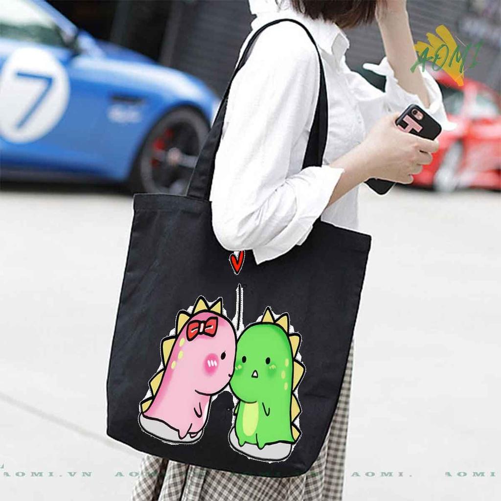 TOTE CANVAS KHỦNG LONG CUTE TÚI VẢI ĐEO VAI BAG CÓ KHÓA KÉO SIZE LỚN 33x38cm AOMIVN DU LỊCH MÀU ĐEN TRẮNG