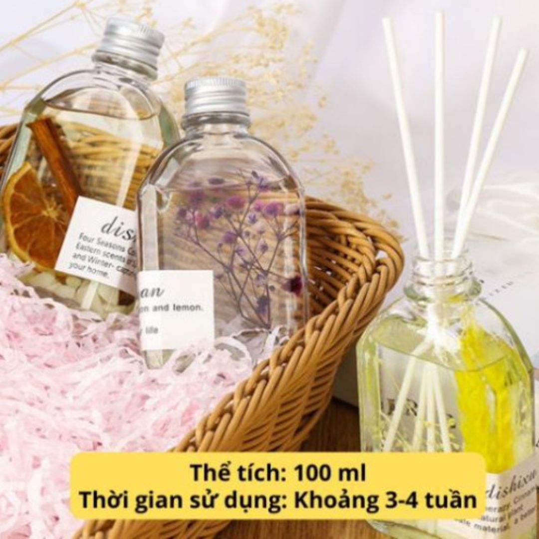 Tinh Dầu Thơm Phòng Que Gỗ Phát Sáng Ban Đêm, Lọ Khuếch Tán Xông Phòng, Khử Mùi Không Khí 100ml Chai Dẹt