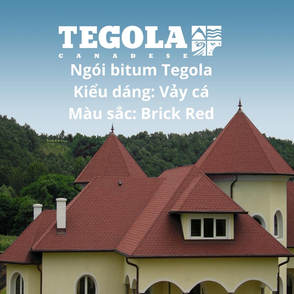 Ngói bitum phủ đá Tegola  - ngói lợp vảy cá màu đỏ Brick Red Italia - chất lượng ngói lợp Châu Âu đóng gói 21tấm/gói phủ 3.05m2 mái