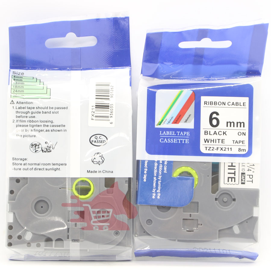 Nhãn in TZ2-FX211, Khổ 6mm, dài 8 m, chữ đen nền trắng, siêu dẻo, nhãn đa lớp, bám dinh cao.