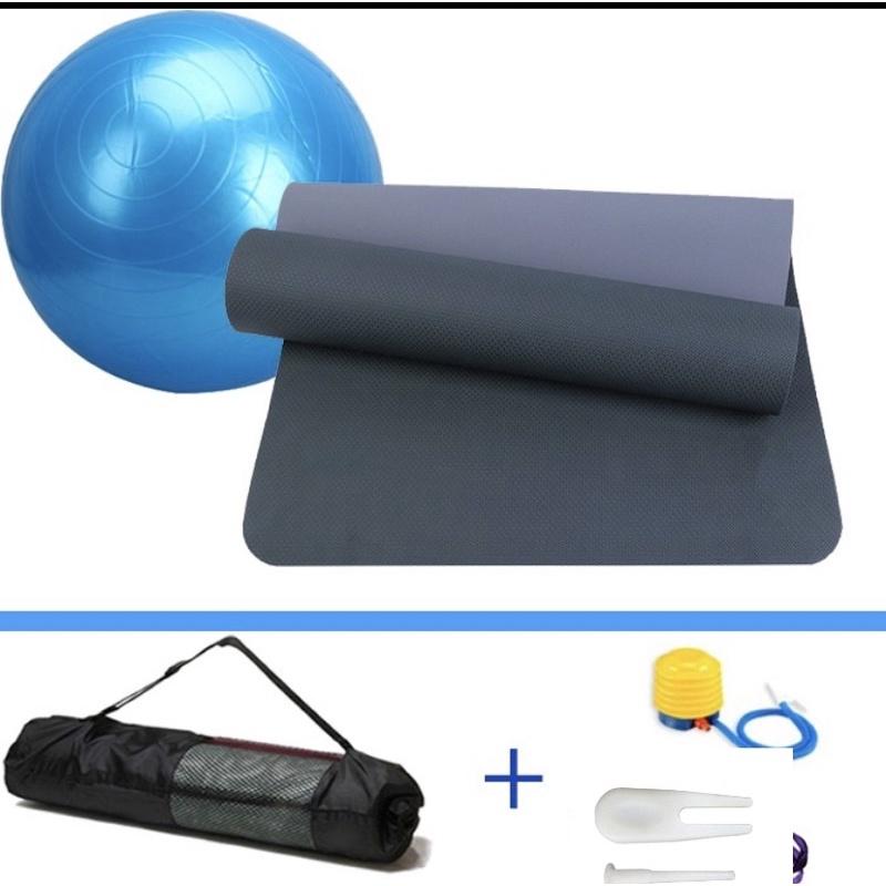 Combo thảm tập yoga TPE 6mm 2 lớp + bóng tập yoga 65cm cao cấp (Tặng túi đựng thảm và bơm bóng