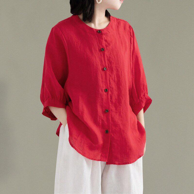 ️Có Big Size️ Áo Sơ Mi Đũi Trơn Nhiều Màu, Mẫu Áo Sơ Mi Nữ Cổ Tròn Vintage Chất Đũi Mềm, Phù Hợp Mọi Độ Tuổi
