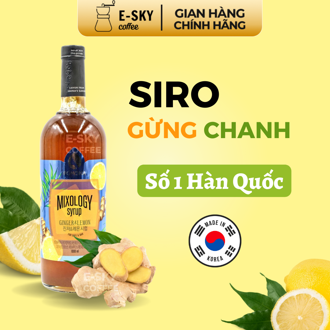 Siro Gừng Chanh Pomona Ginger Lemon Syrup Nguyên Liệu Pha Chế Hàn Quốc Chai Thủy Tinh 1 Lít