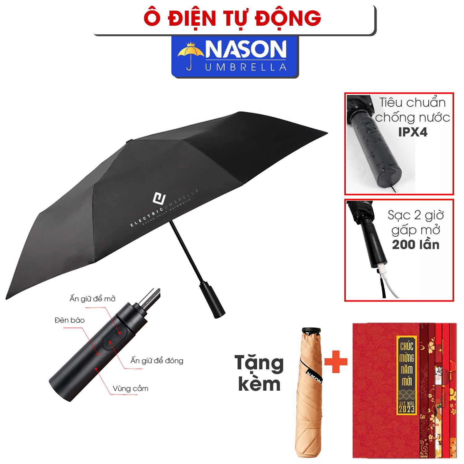 Ô dù điện thông minh Electric Auto Umbrella Nason đóng mở tự động, chống gió cấp 6, che nắng che mưa chống Uv