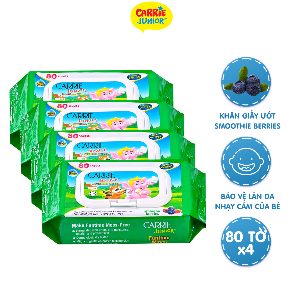 Combo 4 Gói Khăn Giấy Ướt Carrie Junior Funtime Smoothie Berries 80 tờ/ gói